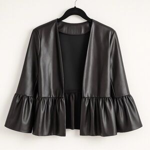 Black Faux Leather Ruffle Hem Bell Sleeve Jacket — Size Small